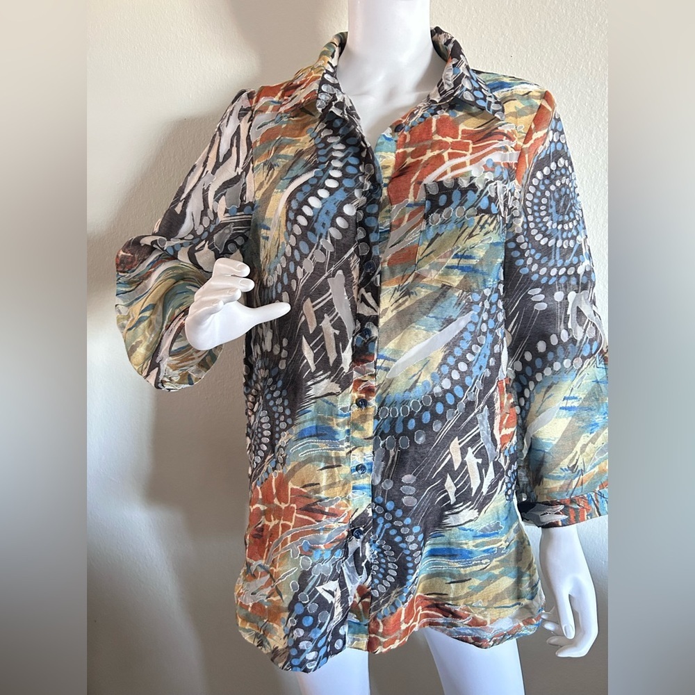 Flair vintage Button Down V-Neck long 
Sleeve Shirt Top Blouse
Size L​